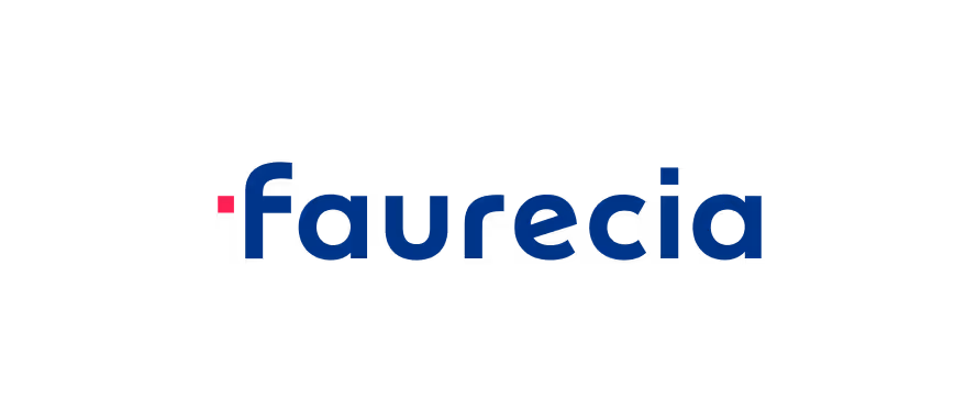 Faurecia logo with blue text and a pink square.