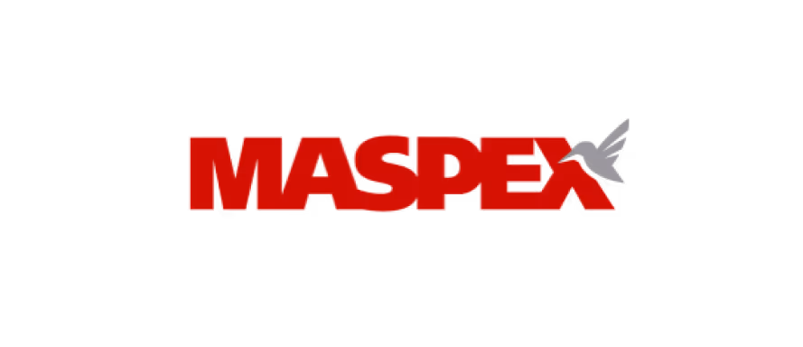 MASPEX company logo with red letters and gray silhouette of a bird next to the letter X.